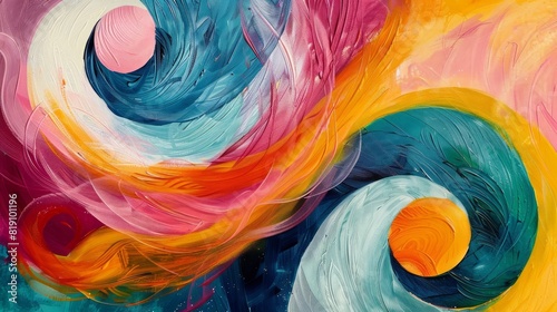 A vibrant abstract painting showcasing swirling patterns and bold colors reminiscent of summer's vibrant energy and optimism, ideal for wall art and design projects seeking a modern and uplifting touc