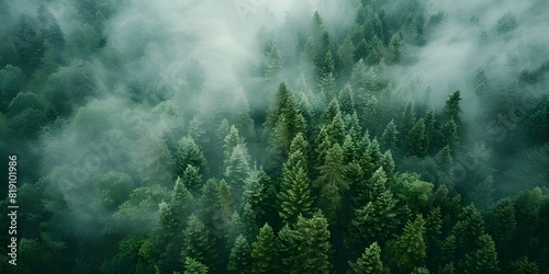 Depict the otherworldly charm of a mist-covered forest from above, with tendrils of fog weaving through the trees and casting a serene and mystical aura over the scene
