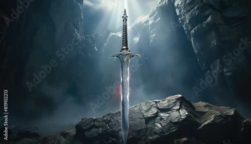 An ancient sword lies by a pile of stones