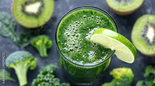  Green juice or smoothie with ingredients. Blended Spinach, Kale, kiwi, green Granny Smith apple, lime, broccoli