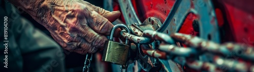 Close up of a cinema owners hands, holding a lock and chain in front of a bankrupt movie theater, the final closure of a oncethriving cultural hotspot, sharpen with copy space