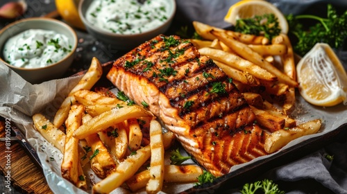 Grilled salmon with French fries, tartar sauce and parsley