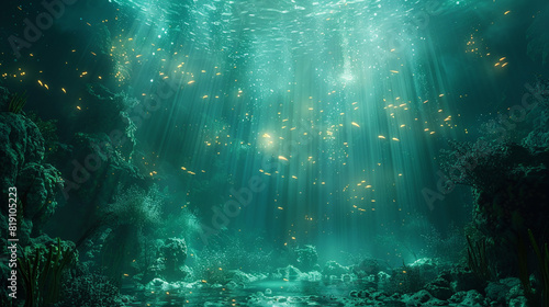 Dark underwater world with glowing bioluminescent creatures.