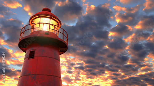 Red lighthouse stands tall against a dramatic sunset sky filled with clouds, casting a warm glow over the scene.