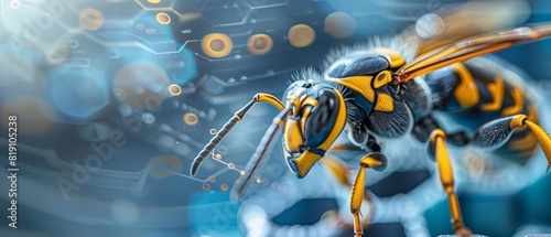 Close up of a cybernetic wasp, its stinger adapted as a precision tool for microsurgeries, buzzing in a sterile, stateoftheart medical facility, sharpen with copy space