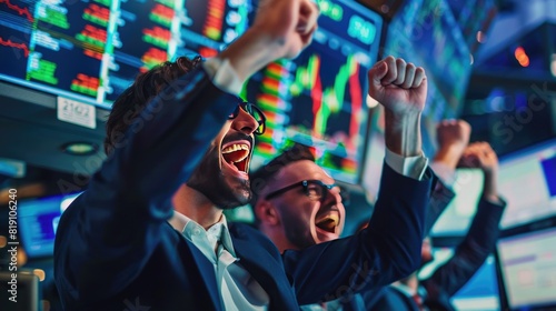 Group of Successful Stock Exchange Brokers Celebrating a Profitable Investment Bid on a Securities Market.