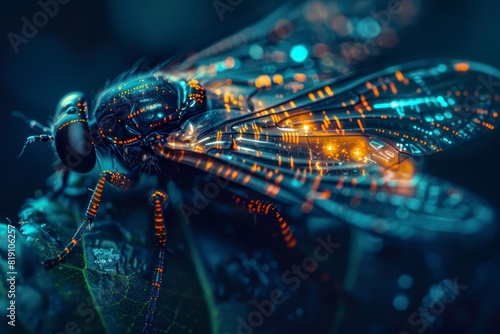 Close up of a genetically engineered firefly, glowing with bioluminescent codes to communicate data in a shadowy, futuristic laboratory, sharpen with copy space