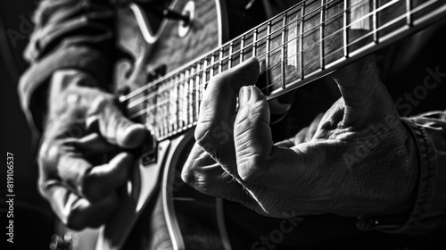 Guitarist hands and guitar close up. Playing electric guitar. Copy spaces. Black and white