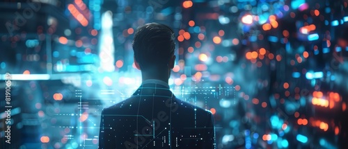 Close up of a holographic data analyst, sifting through virtual data clouds over a bustling tech hub, predicting market trends with unprecedented accuracy, sharpen with copy space