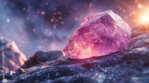 A sizable pink diamond sits atop a rugged rock