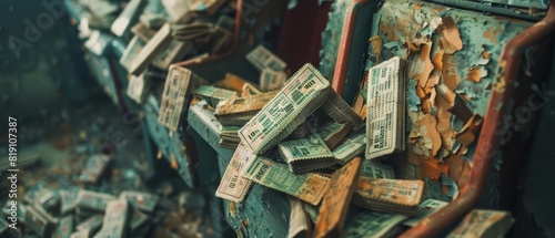 Close up of a pile of unsold cinema tickets, marked for a premiere that never happened, swept into a corner of an empty ticket booth, sharpen with copy space