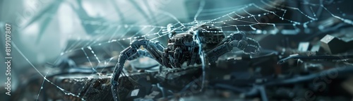 Close up of a robotic spider weaving a durable silk web across an urban ruin, its eight legs deftly maneuvering through debris with precise agility, sharpen with copy space