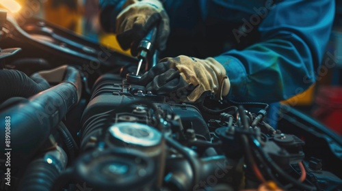 Hands of car mechanic repairs the car engine in auto repair service