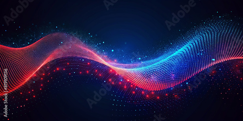 The image is a deep blue background with red and blue waves made of dots. The waves are vibrant and dynamic, creating a sense of movement and energy. The background is dark, allowing the colors.