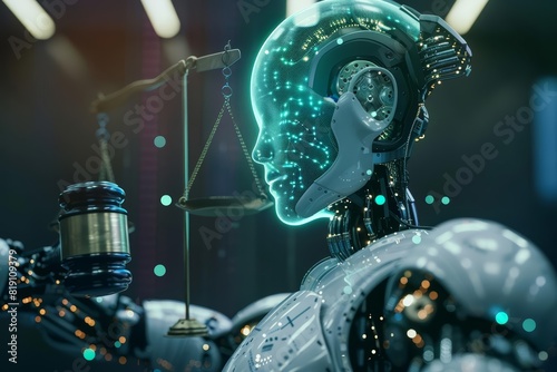 Close up of an automated legal advisor, its circuitry illuminating under synthetic skin as it navigates international cyber law from a floating office pod, sharpen with copy space
