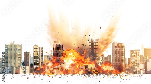 Explosion building. hit and explosion of a combat military missile in a building. AI Generative