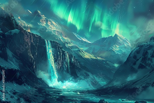 nature landscape waterfalls aurora borealis northern lights surreal powerful beauty digital painting 