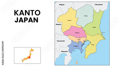 Kanto Map. State and district map of Kanto. Political map of Kanto with country capital.