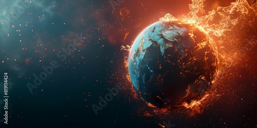 Planet Earth globe burning, destroyed by fire, conceptual illustration of global warming, temperature increase