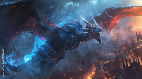 A dragon is flying over a city burning with blue fire.