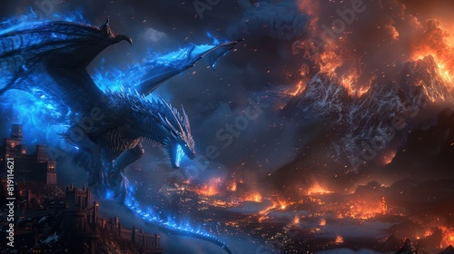 A dragon is flying over a city burning with blue fire.