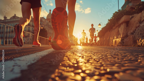 Energy and motion Close up on marathon runners legs from a low perspective morning sunlight enveloping the city streets