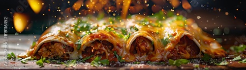 Enchiladas, rolled tortillas filled with chicken and topped with cheese and sauce, festive Mexican family dinner