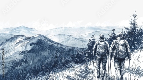 Hiking in the Carpathian Mountains. Hand drawn illustration