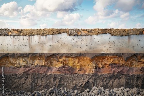 Cross-section of soil layers beneath a sky with clouds