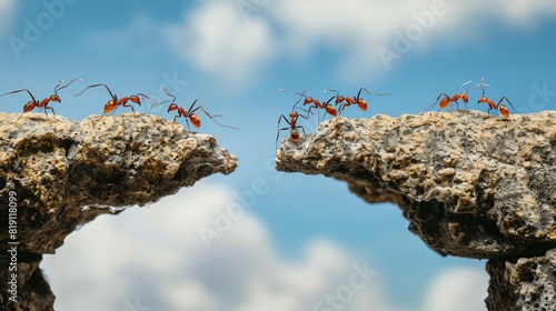 Macro shot of ants on two separate rocky cliffs with a blue sky background, symbolizing teamwork, nature, and overcoming obstacles.