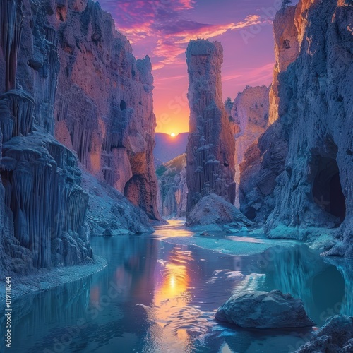 Stunning photo of an underground canyon with walls carved from blue and green rocks, reflecting the colors of dawn. towering rocks that create arches, ravines and surreal landscapes.