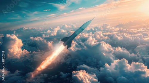 Hypersonic missile. A combat rocket is flying above the clouds. Missile attack, air attack, war, missile strike
