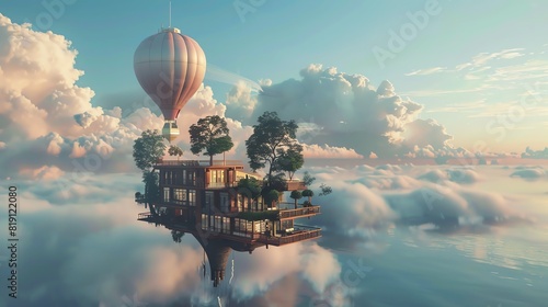 Fantasy floating house with hot air balloon amidst clouds, surrounded by lush greenery and serene skyscape, a surreal dreamlike scene.