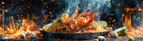 Pad Thai, stirfried noodles with shrimp, peanuts, and lime, bustling Thai street food scene