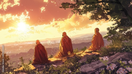 Illustration of ascetic monks basking in the morning sun