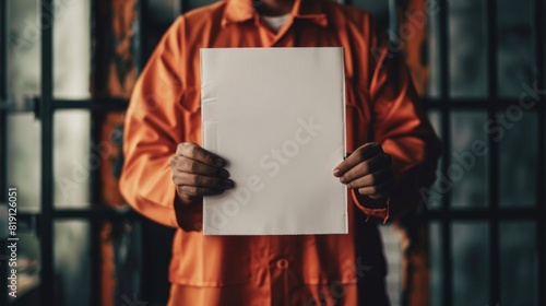 In a Police Station Arrested Man Getting Front-View Mug Shot. He's Wearing Prisoner Orange Jumpsuit and Holds Placard