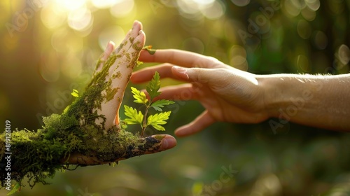  In agreement with nature concept with human hand and nature hand giving high five