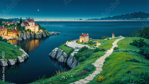 Wallpaper depicting a tiny coastal village with brilliant lights at dawn.