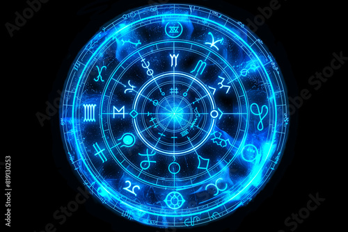 Blue magic runes in a circle. Spell effect with ancient fantasy writing. Glowing magical neon ring. 