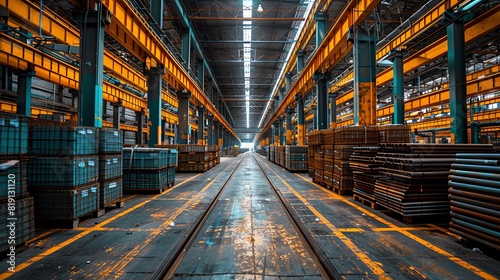 Industrial warehouse interior with stacked palettes and boxes, featuring high ceilings and organized storage solutions, perfect for logistics imagery.