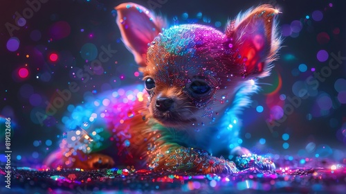 A charming Chihuahua puppy covered in sparkling candy crystals in various colors, tiny and adorable
