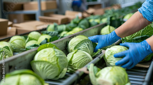 Closeup cabbage into boxes and check quality at a vegetable factory