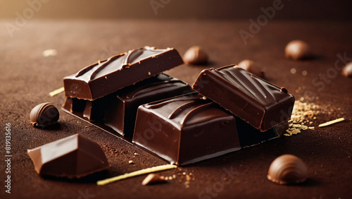 Chocolate bar, candy sweet, cacao beans and powder on wooden background 