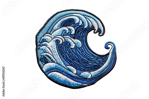 Artistic embroidered wave patch in blue and white colors, perfect for apparel and accessories decoration.