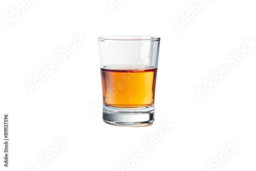 Close-up of a glass shot filled with amber liquor, isolated on transparent background. Perfect for bar, drink, and alcohol-related content.