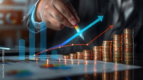 Businessman analyzing financial performance and profitability growth trends from 2023 to 2024. Concept of 2024 business financial plan, market strategies, and revenue increase.