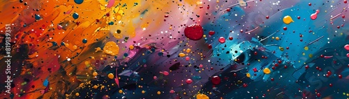 A colorful painting with splatters of paint that looks like a galaxy