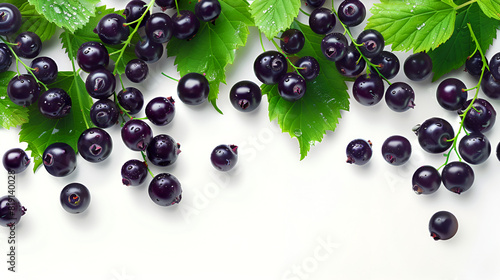 Captivating Visual Feast, Juicy, Delicious Blackcurrant with Lush Leaves, Set Against a Crisp White Background