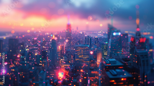 As twilight descends upon the cityscape, soft-focus lights cascade a dreamy glow over the skyline