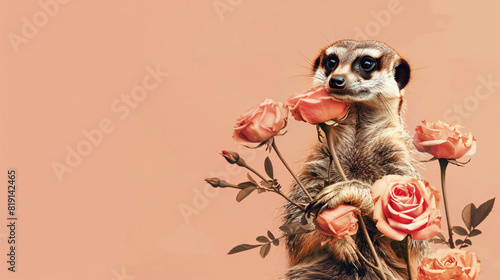 A charming meerkat clutching a bouquet of pastel rose